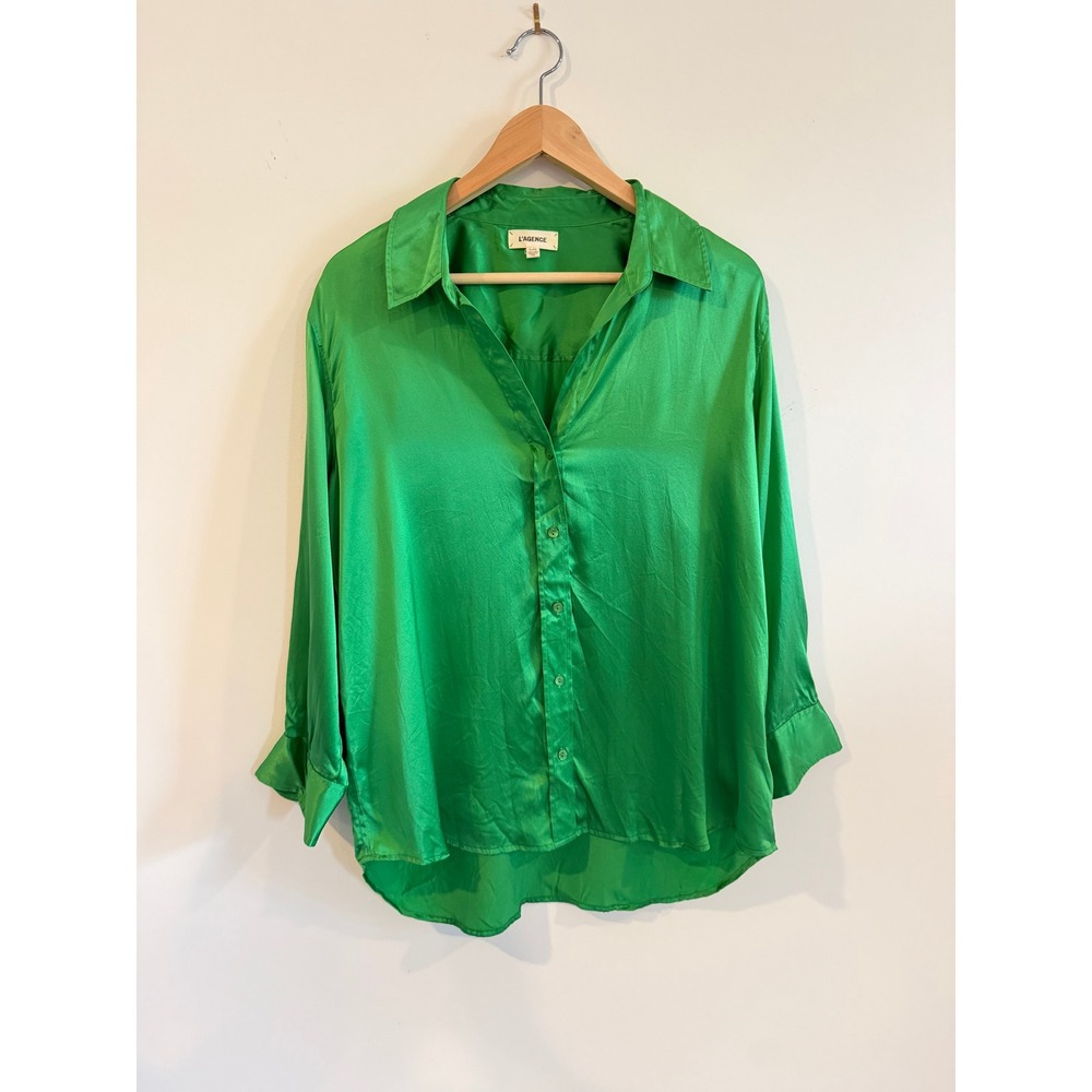 L'AGENCE Green 100% Silk Button Down Blouse Long Sleeve Shirt XL